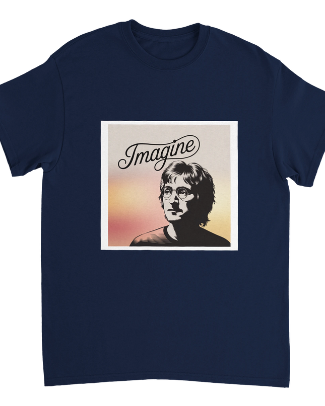 Imagine lyric quote tee on model walking past graffiti wall