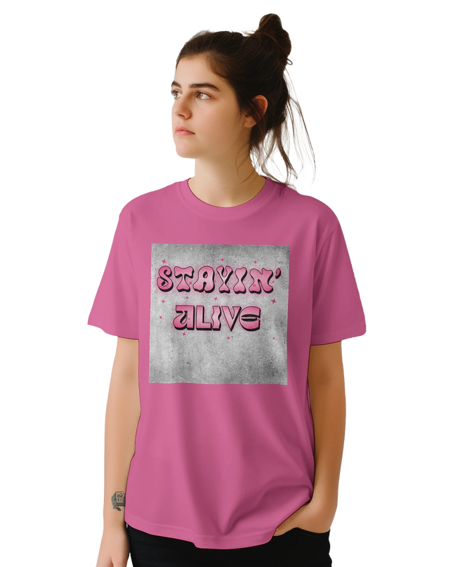 Black lyric tee with bold 70s-inspired Stayin’ Alive font