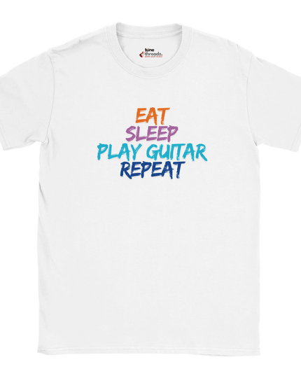 Eat Sleep Play Guitar Repeat graphic tee for guitarists