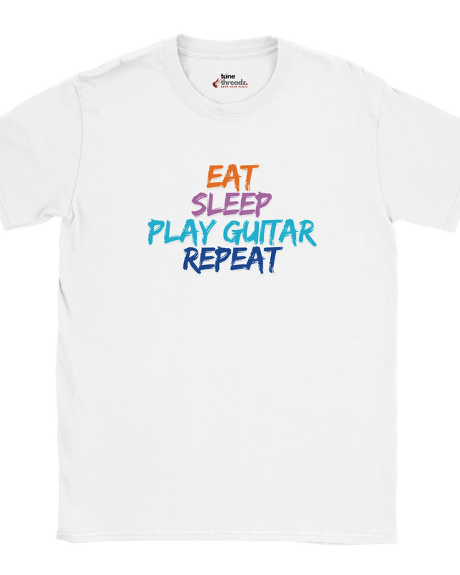 Eat Sleep Play Guitar Repeat graphic tee for guitarists