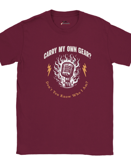 Close-up of text design ‘Carry My Own Gear?’ on cotton T‑shirt