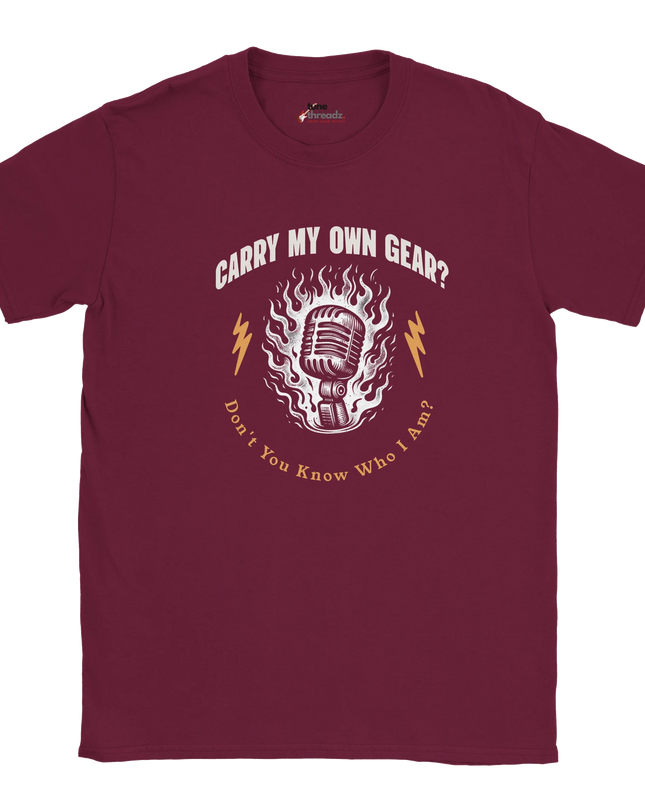 Close-up of text design ‘Carry My Own Gear?’ on cotton T‑shirt