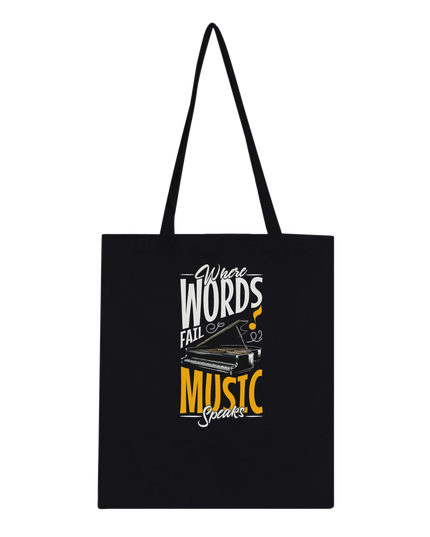 Canvas tote bag printed with bold music-themed graphic