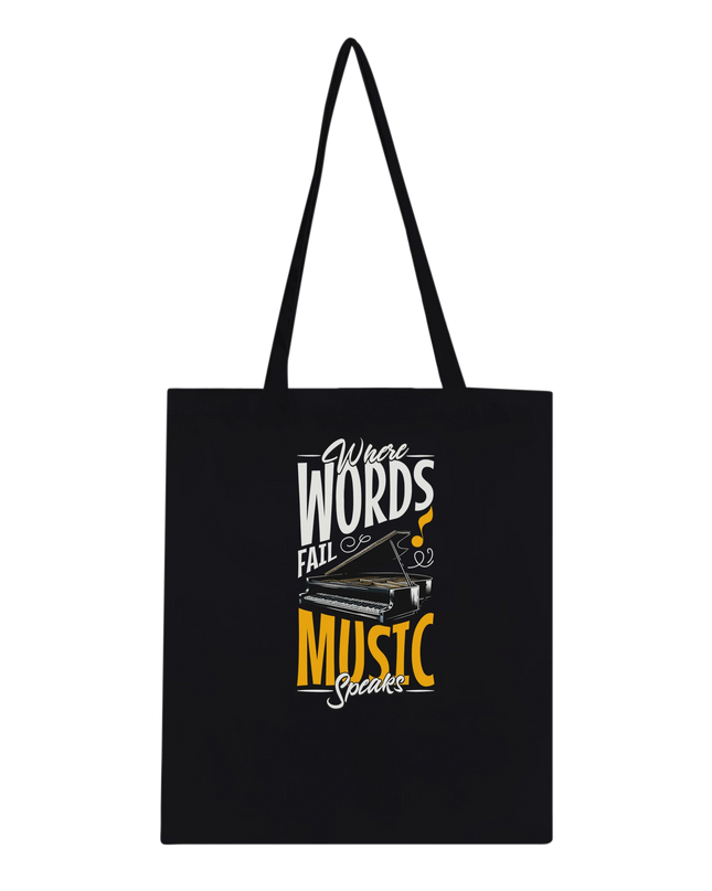 Canvas tote bag printed with bold music-themed graphic