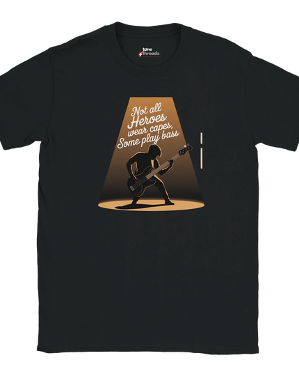 Model wearing bass player tribute tee with relaxed unisex fit