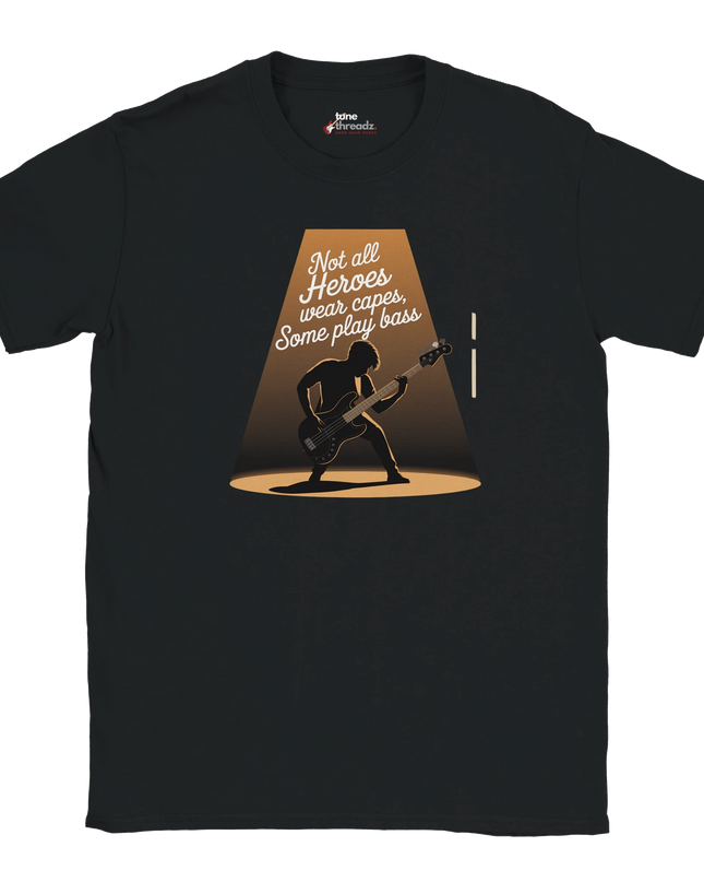 Model wearing bass player tribute tee with relaxed unisex fit