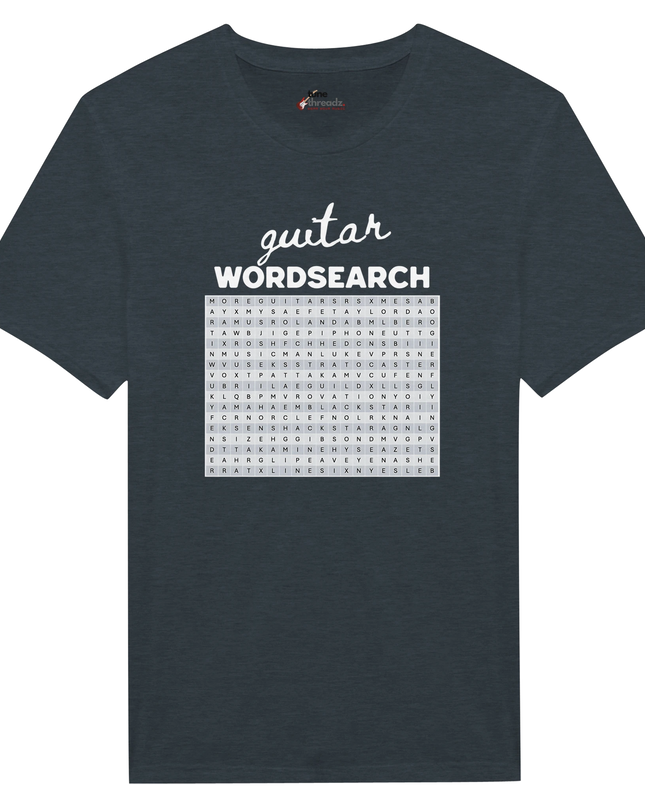 White or black shirt with custom music-themed word search art