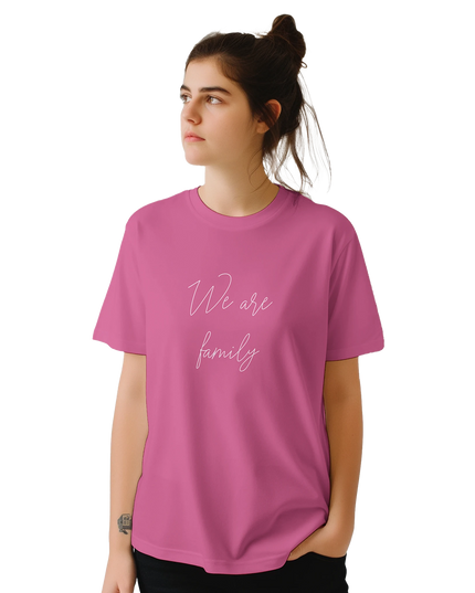 Close-up of ‘We Are Family’ typography on relaxed-fit tee