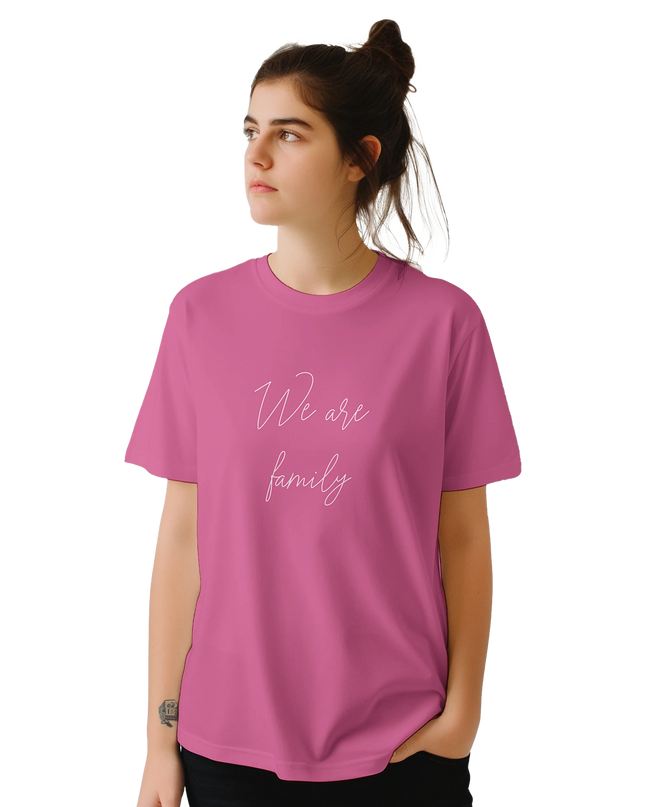 Close-up of ‘We Are Family’ typography on relaxed-fit tee