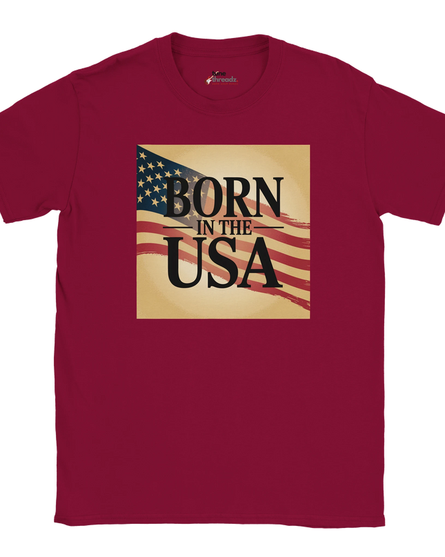 Close‑up of patriotic Born in the USA graphic on shirt