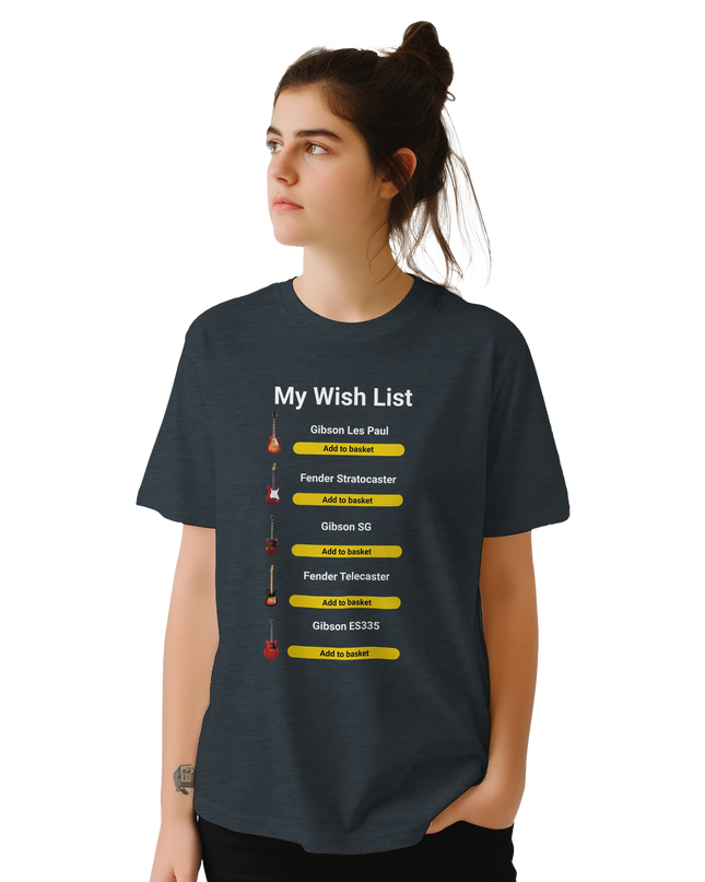 Flat-lay of My Wish List tee styled with headphones and records