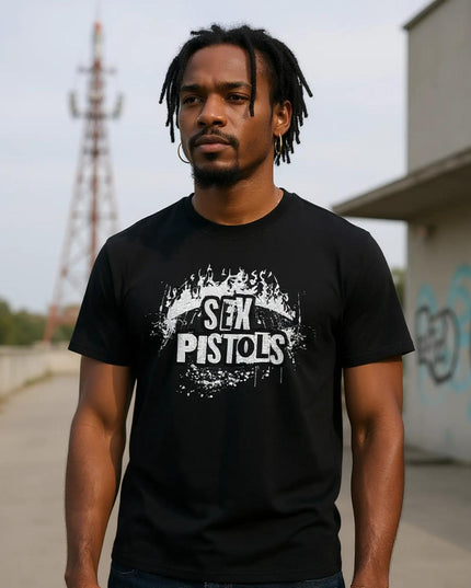 Model wearing relaxed-fit Sex Pistols graphic tee