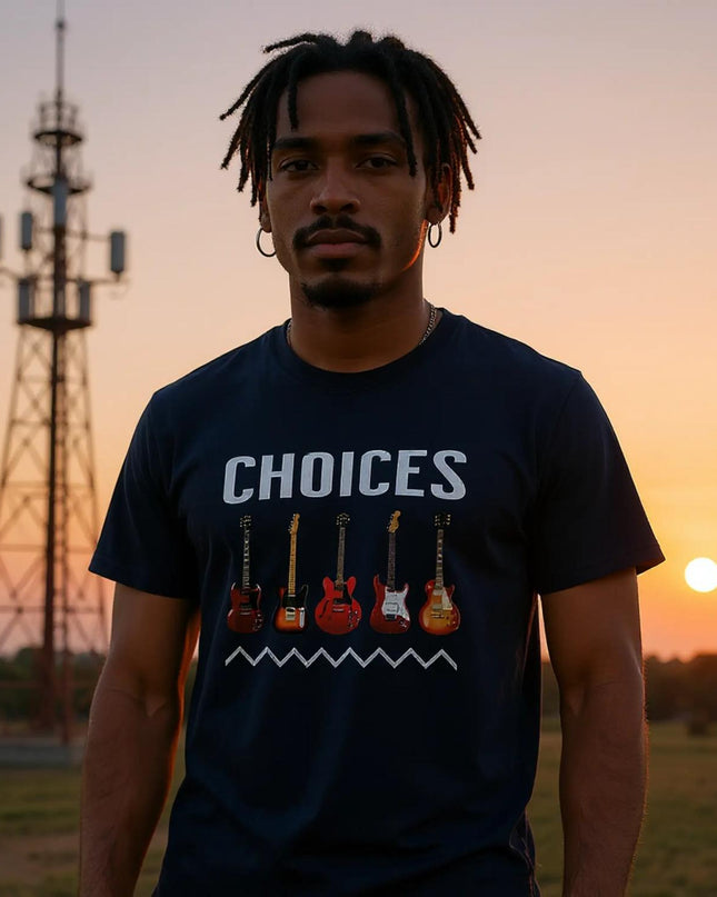 Vintage guitar models arranged in graphic sequence on tee
