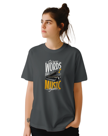 Flat-lay of Music Speaks T‑shirt beside vinyl record and mic