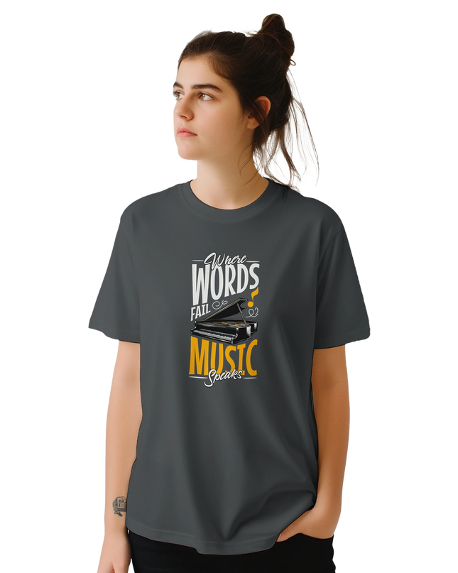 Flat-lay of Music Speaks T‑shirt beside vinyl record and mic
