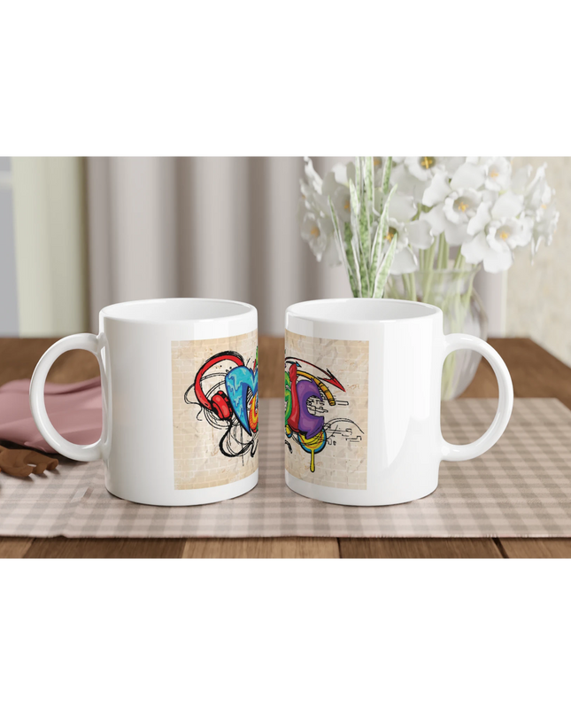 C-handle shot of ceramic mug with ‘Music’ graphic