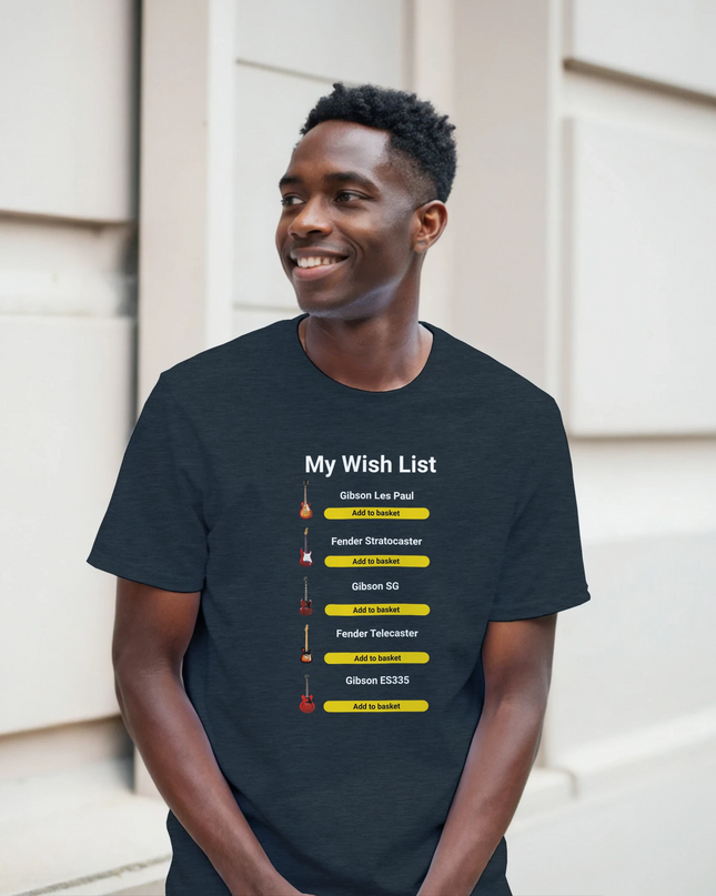Unisex music wishlist T‑shirt displayed on hanger with vintage record player in background