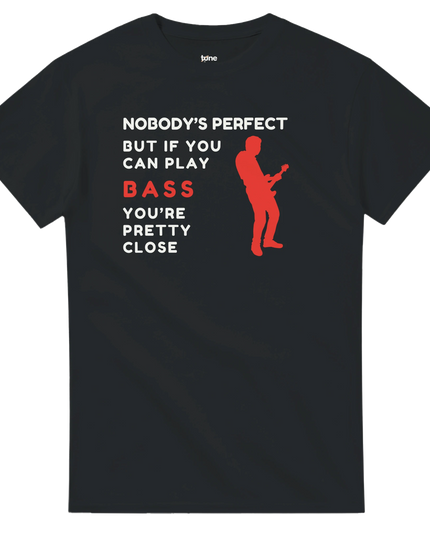 Model wearing Nobody’s Perfect Bass tee styled with bass guitar and stage light