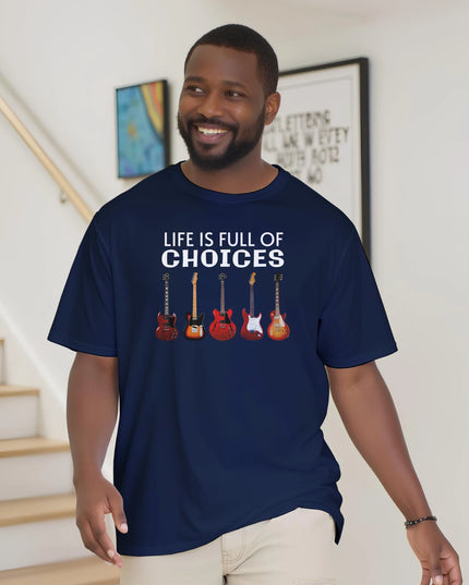 Close-up of colorful guitar collection graphic on tee