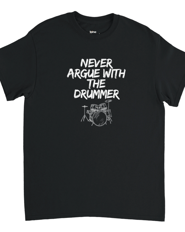 Model wearing the 'Never Argue with the Drummer' tee holding drumsticks

