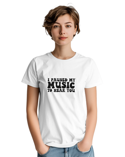 Model wearing the tee casually styled with headphones and vinyl record
