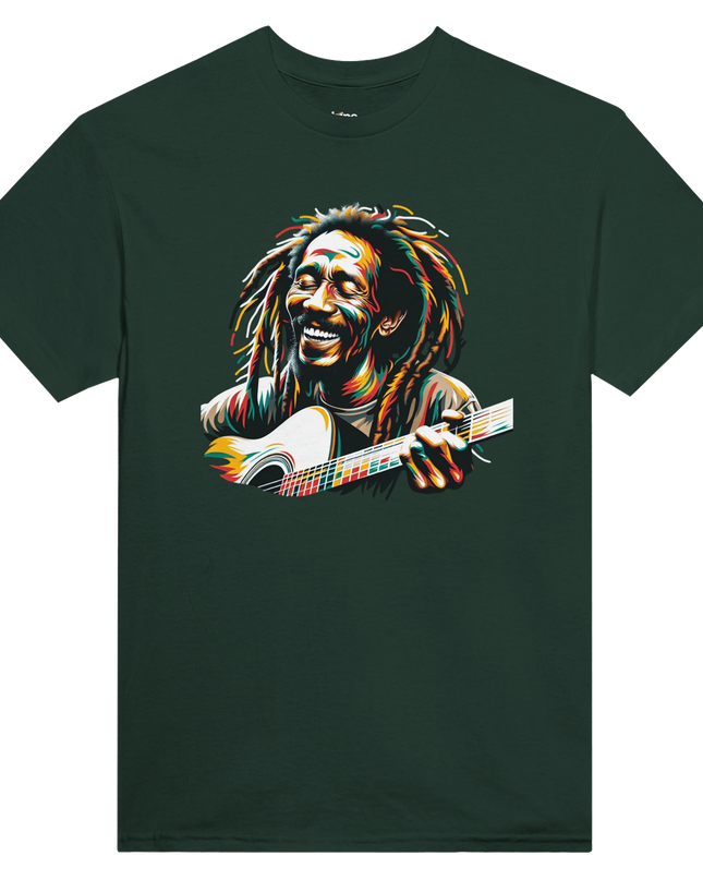 Lifestyle shot: tee next to Rasta hat and reggae vinyl on wooden surface