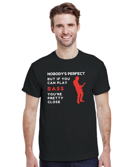 Close-up of seamless collar and textured print on bass humor shirt