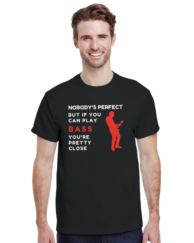 Close-up of seamless collar and textured print on bass humor shirt