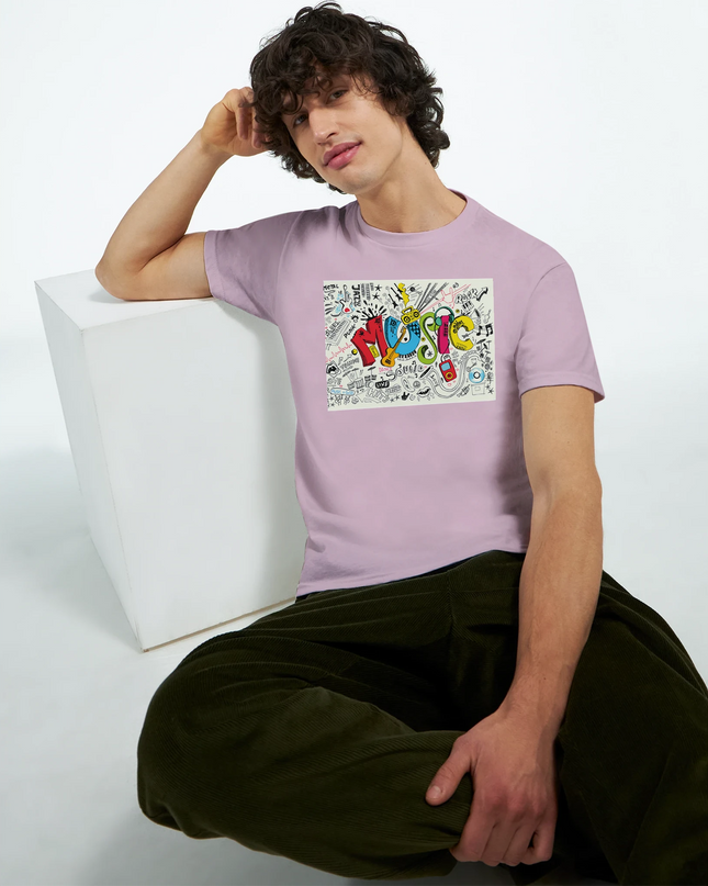 Model wearing multicolor music tee styled with headphones and jeans