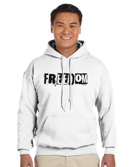 Model wearing Freedom hoodie styled with jeans and a guitar