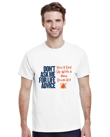 Lifestyle shot: drum kit in background with the drum advice tee draped over a stool