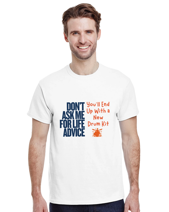 Lifestyle shot: drum kit in background with the drum advice tee draped over a stool