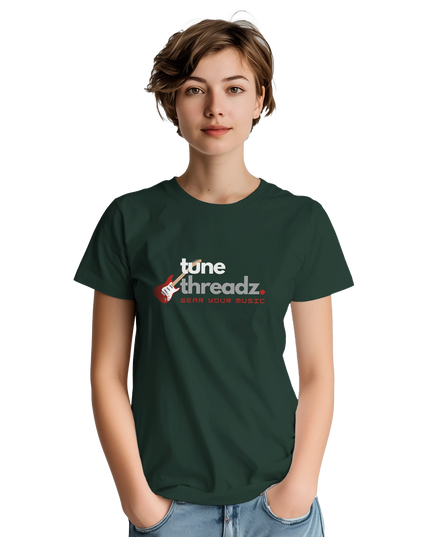 Model wearing Tune Threads shirt styled casually with vinyl and headphones
