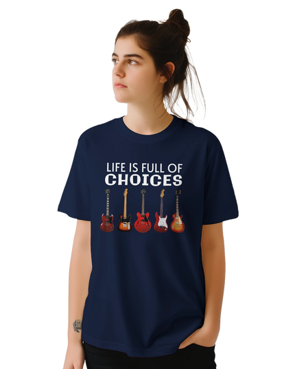 Model wearing relaxed-fit Choices Guitar design T‑shirt
