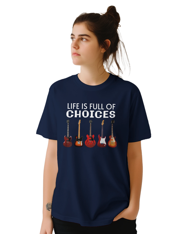 Model wearing relaxed-fit Choices Guitar design T‑shirt