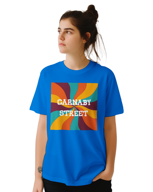 White or colour Carnaby Street graphic tee on flat lay background