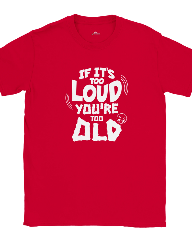 Close-up of uppercase ‘TOO LOUD’ text on relaxed-fit tee
