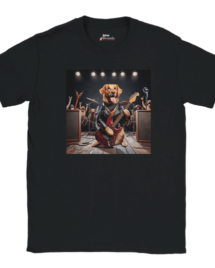 Model wearing Retriever music-dog graphic tee with relaxed fit