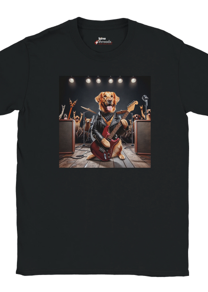 Model wearing Retriever music-dog graphic tee with relaxed fit