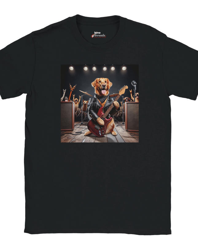 Model wearing Retriever music-dog graphic tee with relaxed fit