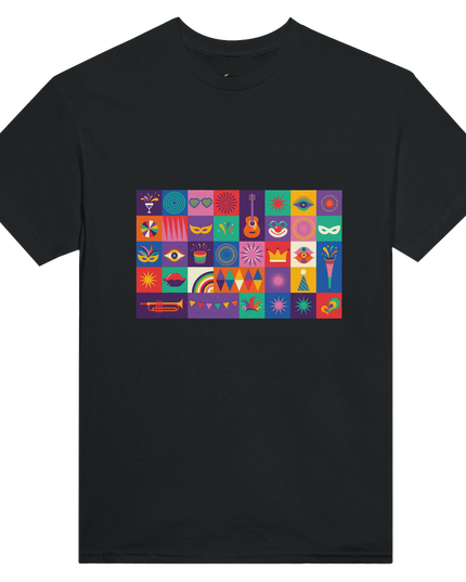 Close-up of double-needle collar and vibrant musical design on t-shirt