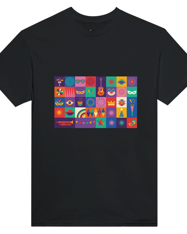 Close-up of double-needle collar and vibrant musical design on t-shirt
