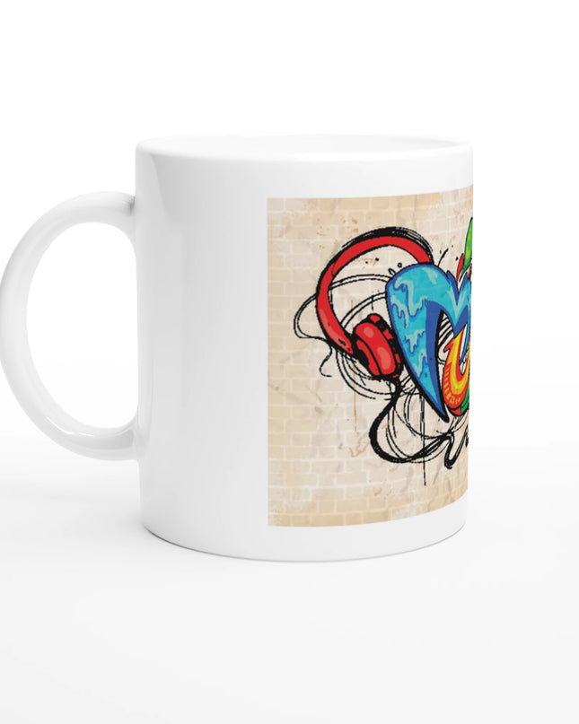 Back view showing glossy finish and clear music text on mug