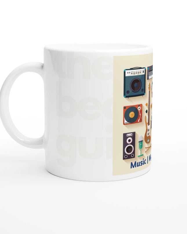 Flat-lay of ceramic music mug with coffee beans and headphone