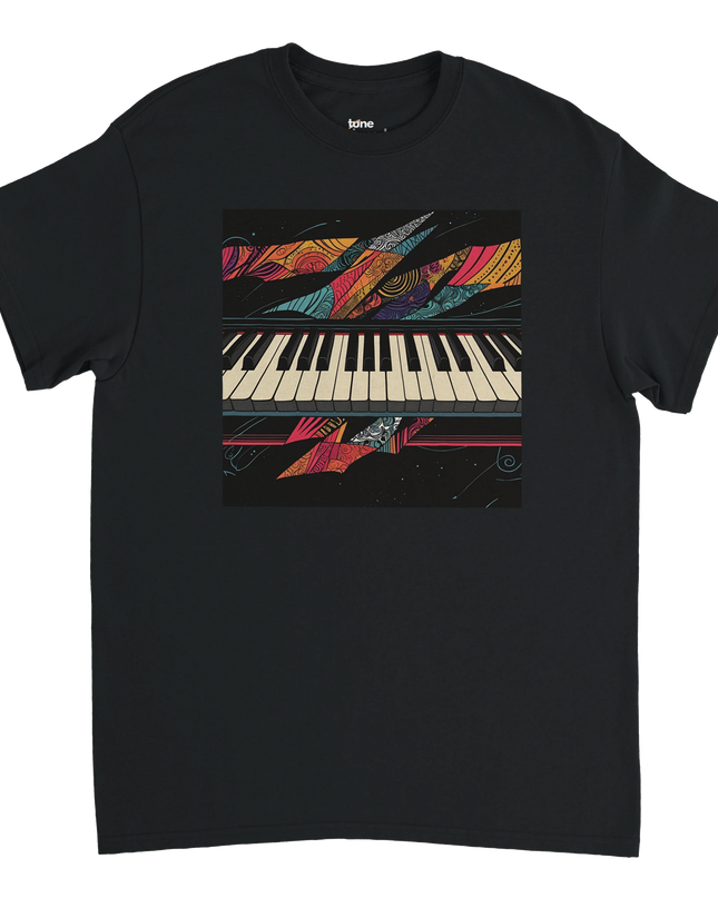 Lifestyle shot: person wearing tee while seated at a piano bench