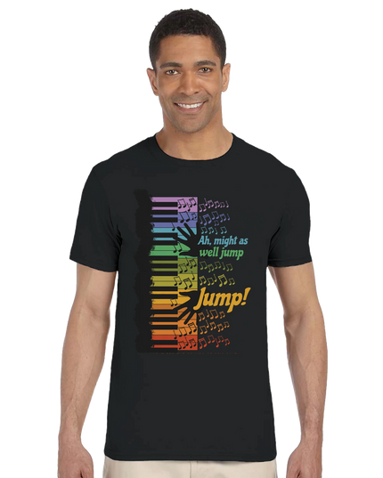 Model wearing Might As Well Jump lyric graphic tee with jeans