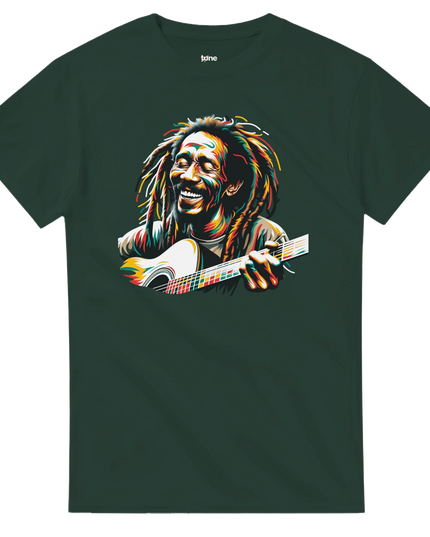 Flat-lay of Reggae 2 tee with headphones and vinyl featuring Rasta palette