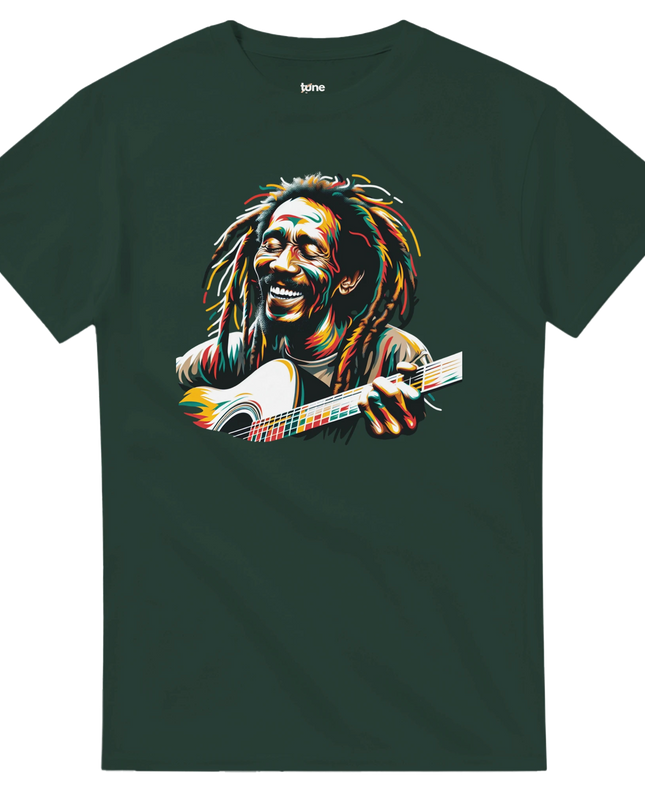 Flat-lay of Reggae 2 tee with headphones and vinyl featuring Rasta palette