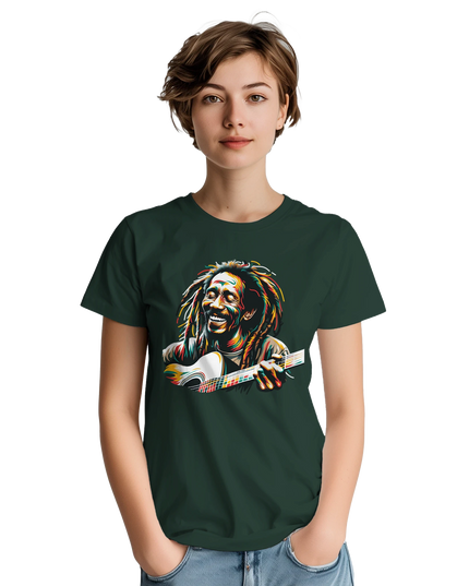 Detail shot of bold reggae graphic and Gildan fabric on white background
