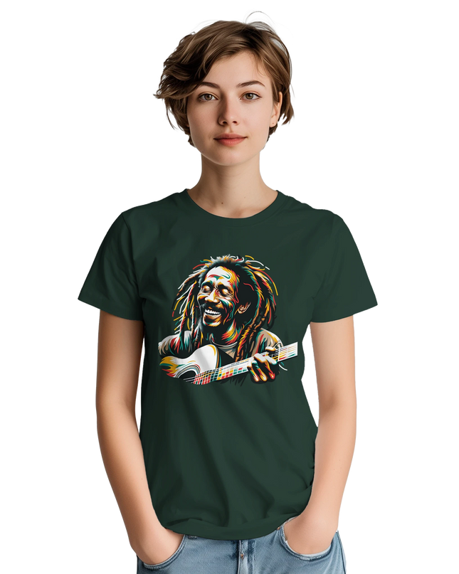 Detail shot of bold reggae graphic and Gildan fabric on white background

